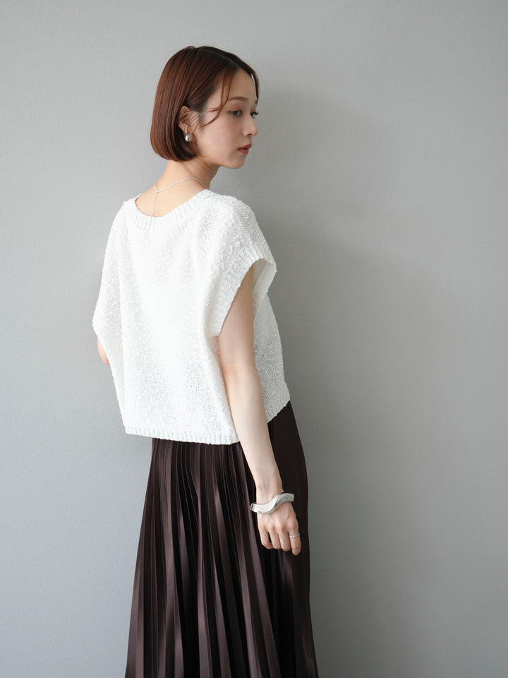[SET]ネップヤーンクロップドニットベスト+サテンプリーツマキシスカート(2set)