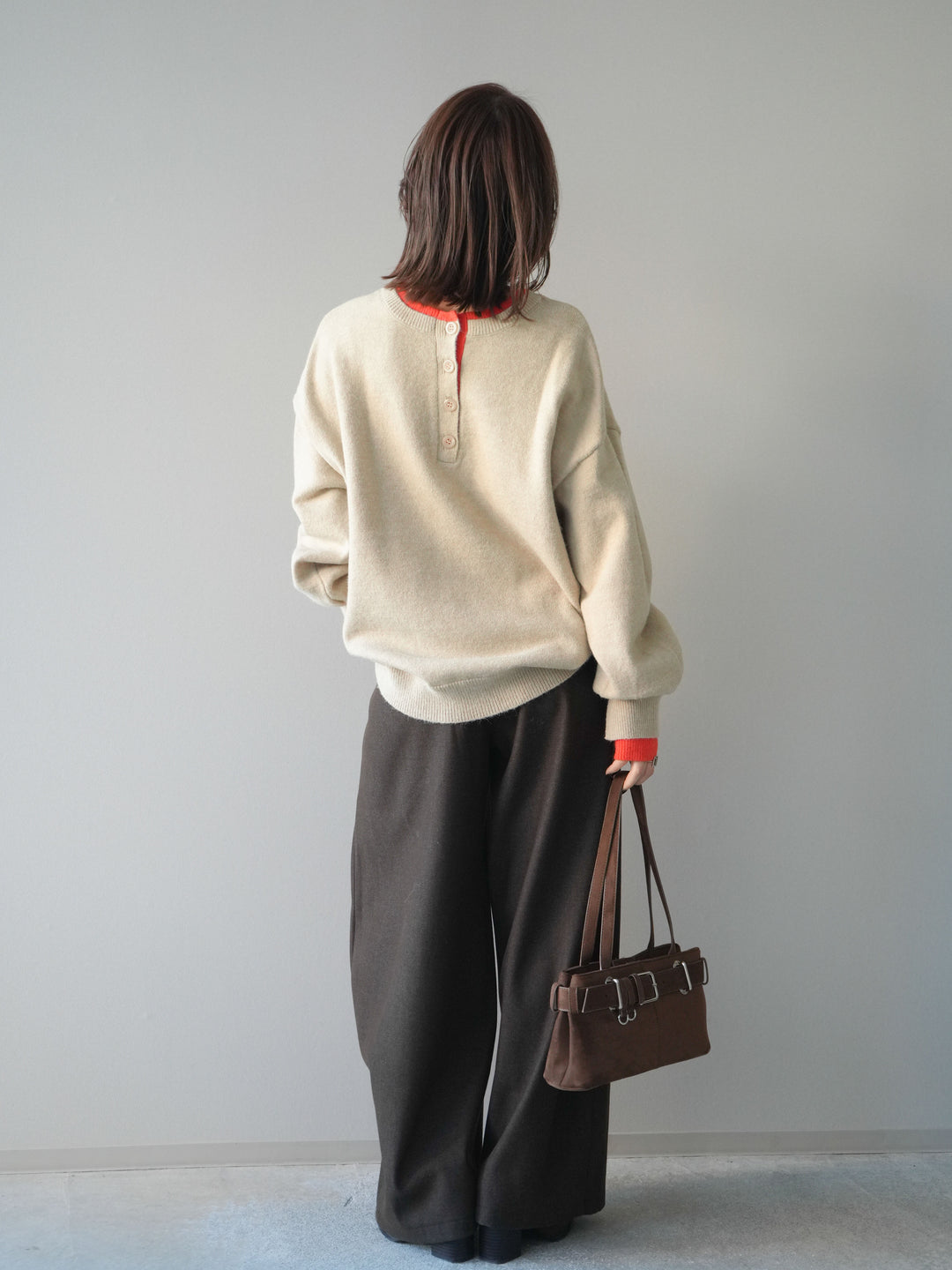 [予約]アニマル柄ベルト付きウールタッチワイドパンツ/brown