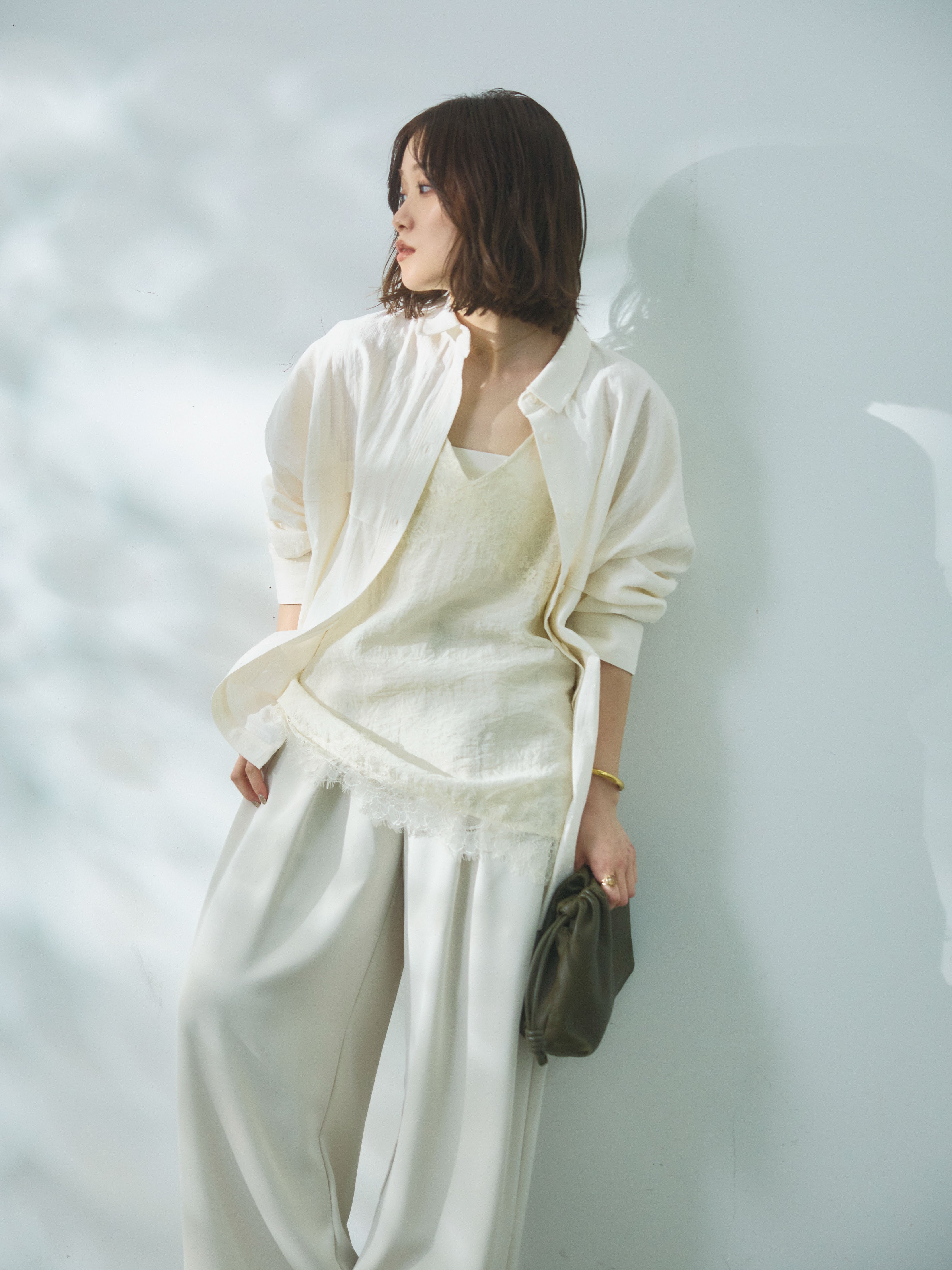Allure】[SET]スプリングスラブワイドシャツ+リネンタッチレース切替