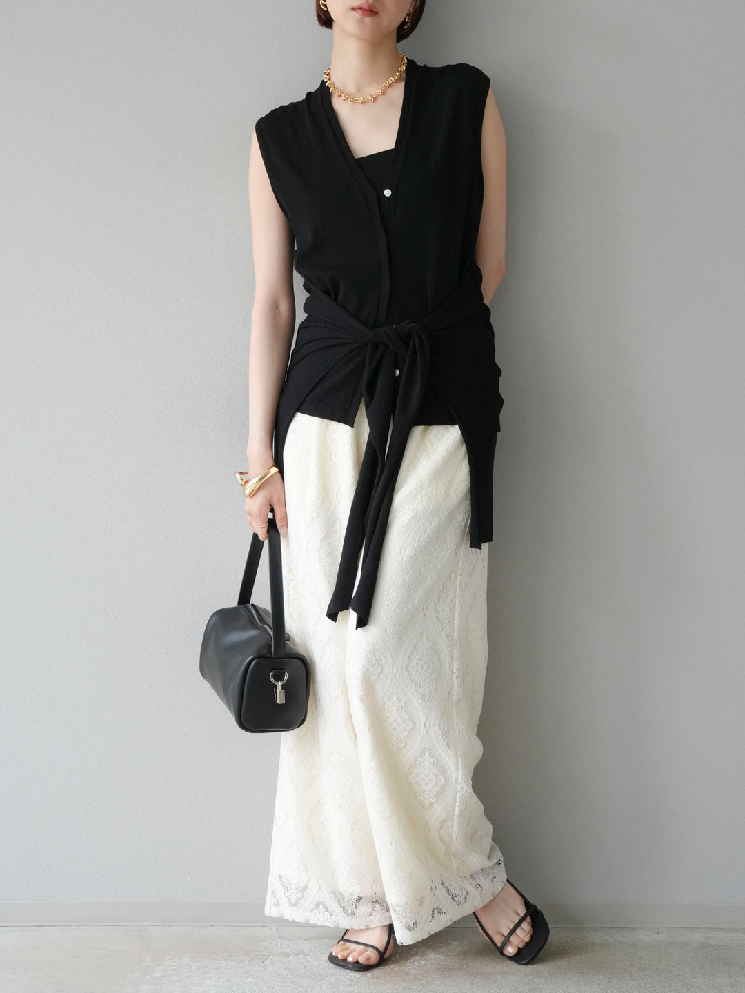 [SET]腰巻きデザインノースリーブニットカーディガン+レースタックイージーパンツ(2set)