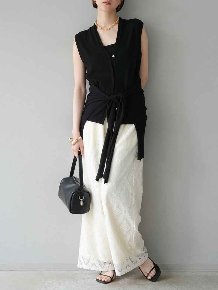 [SET]腰巻きデザインノースリーブニットカーディガン+レースタックイージーパンツ(2set)