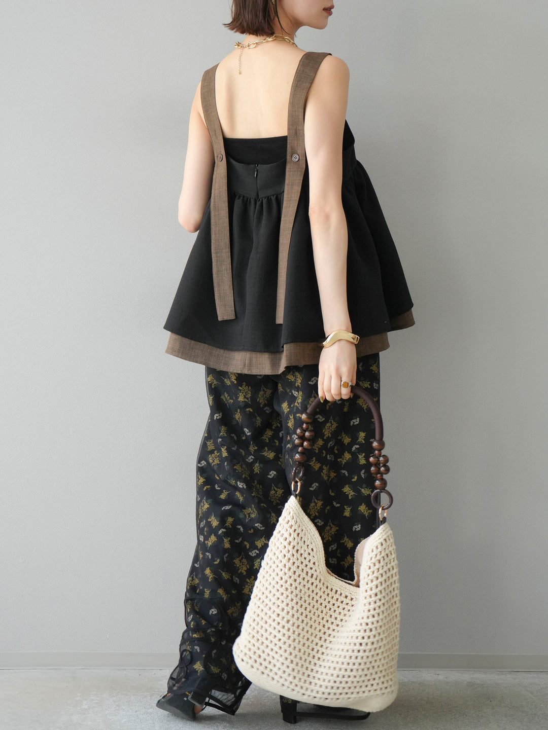 [予約]ブーケプリントタックパンツ/ブラック