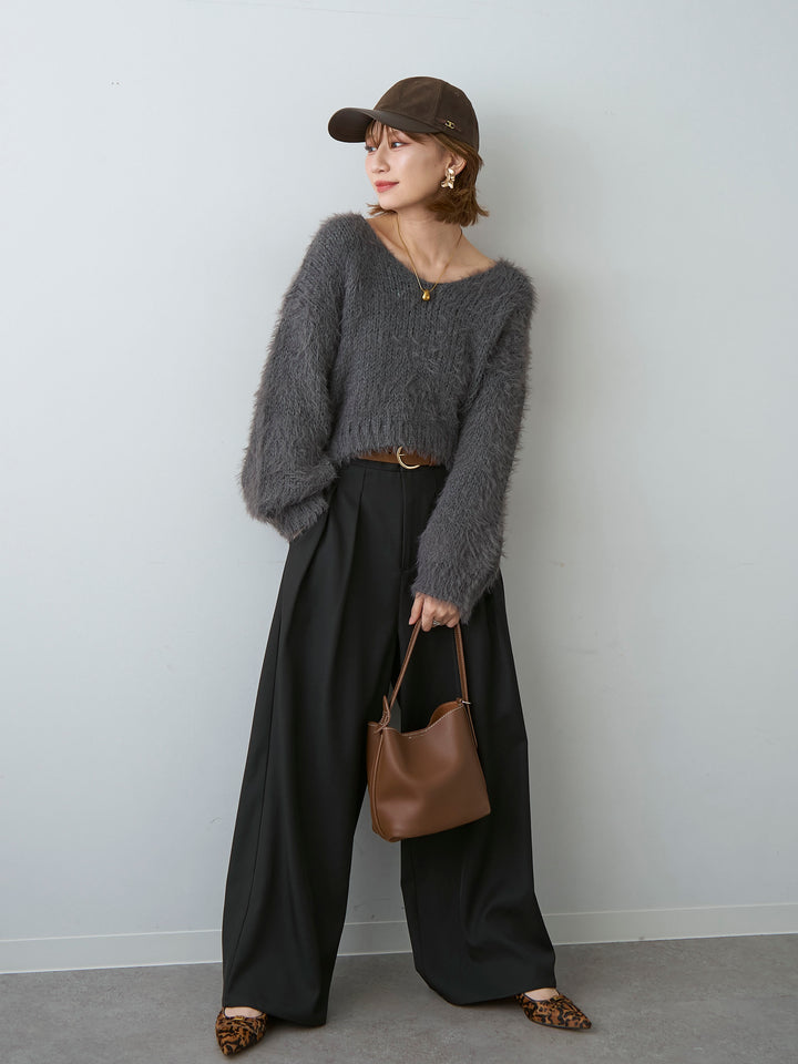 [SET]Vネックシャギークロップニットトップス+ツイルタックワイドパンツ(2set)