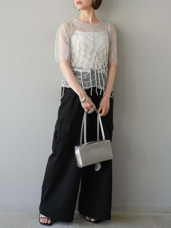 [SET]ラメチュールシャーリングプルオーバー+パールフリンジビスチェ+ウエストラインサイドポケットスウェットパンツ(3set)