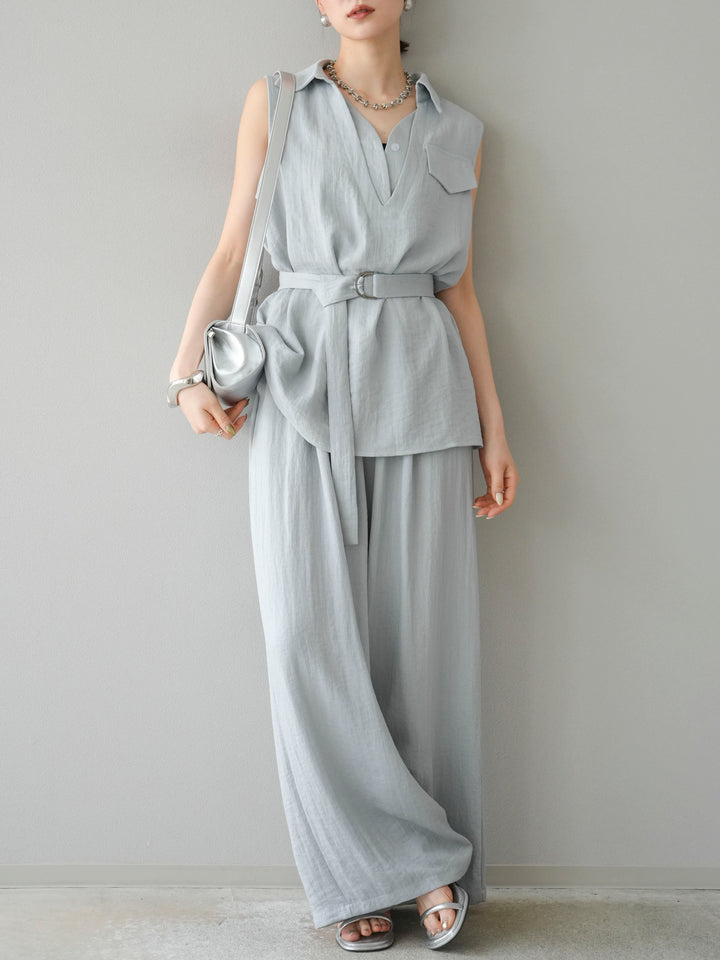 [SET]リネンライクスキッパーブラウス＆ワイドパンツSET UP
