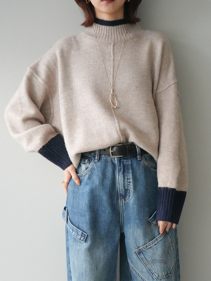 [SET]配色ハイネックニットプルオーバー+ペインターカーブデニムパンツ(2set)