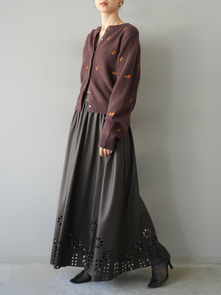 [予約]フラワーパンチングレザースカート/ブラウン