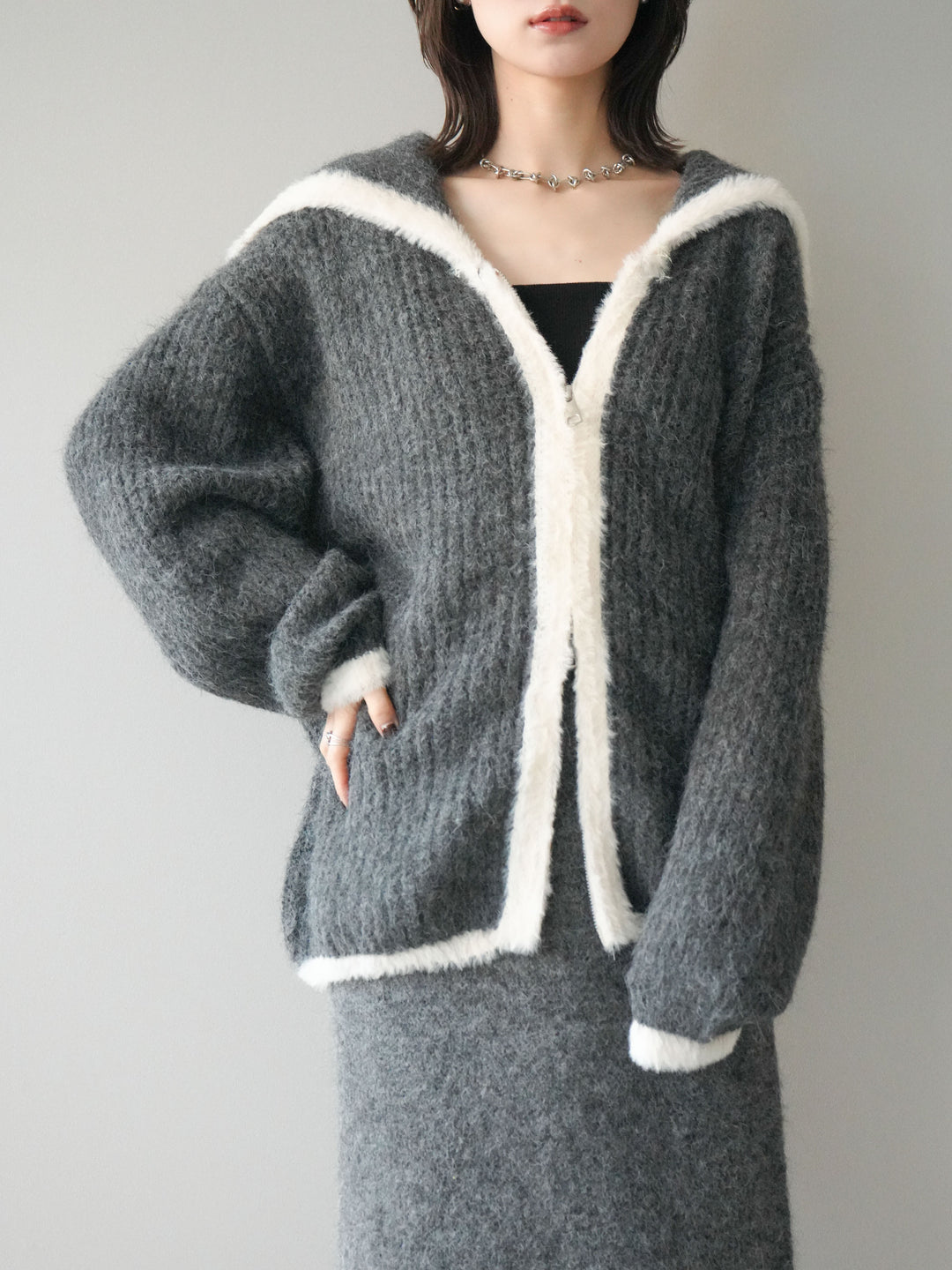 [SET]襟付き配色シャギーニット＆ロングスカートSET UP(2set)