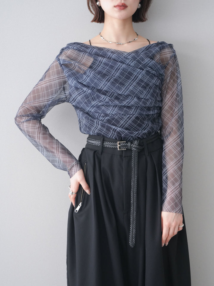 [予約]チュールバイアスチェックプリントタックネックトップス/navy