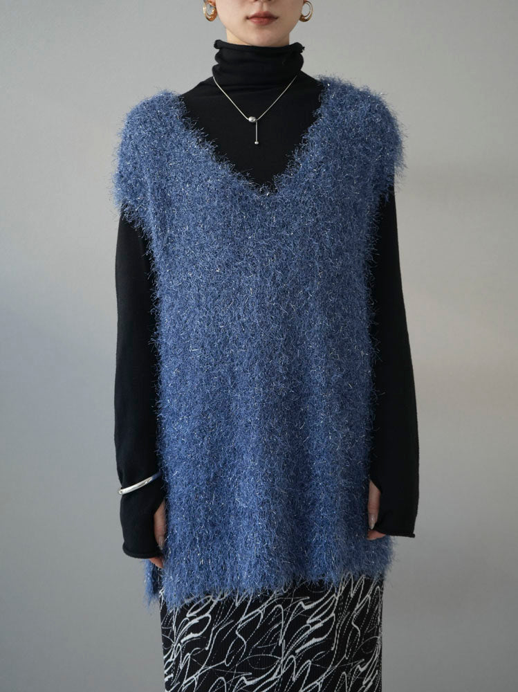 予約]ソフトラメシャギーVネックニットベスト/ブルー – Lumier