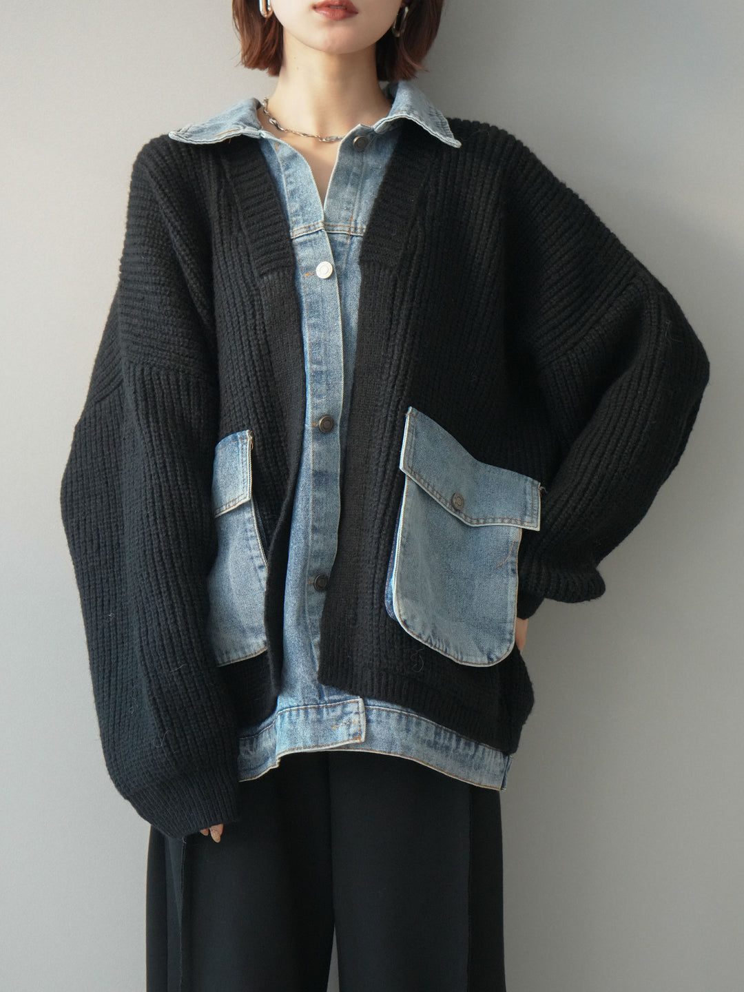[予約]デニムドッキングオーバーニットジャケット/black
