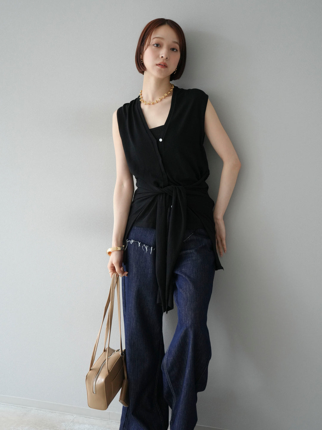 [SET]腰巻きデザインノースリーブニットカーディガン+腰巻きデザインノースリーブニットカーディガン(2set)