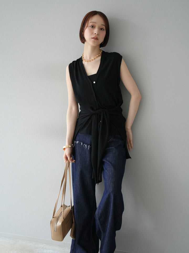 [SET]腰巻きデザインノースリーブニットカーディガン+腰巻きデザインノースリーブニットカーディガン(2set)