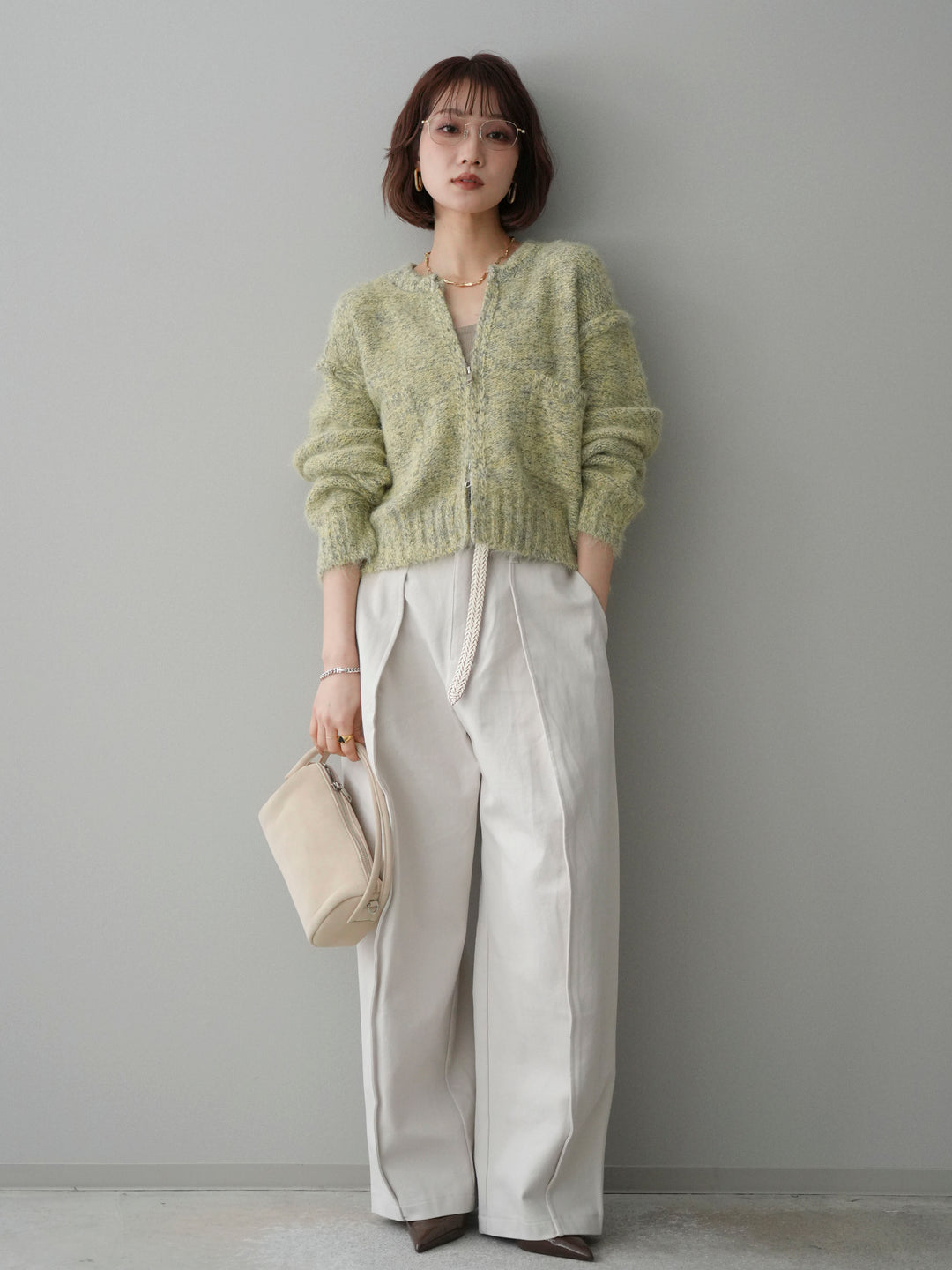 [SET]ミックスヤーンダブルZIPニットカーディガン+コットンツイルカーブパンツ(2set)