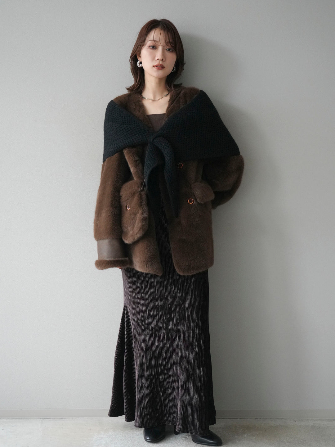 [予約]バッグ付エコファーノーカラーコート/brown