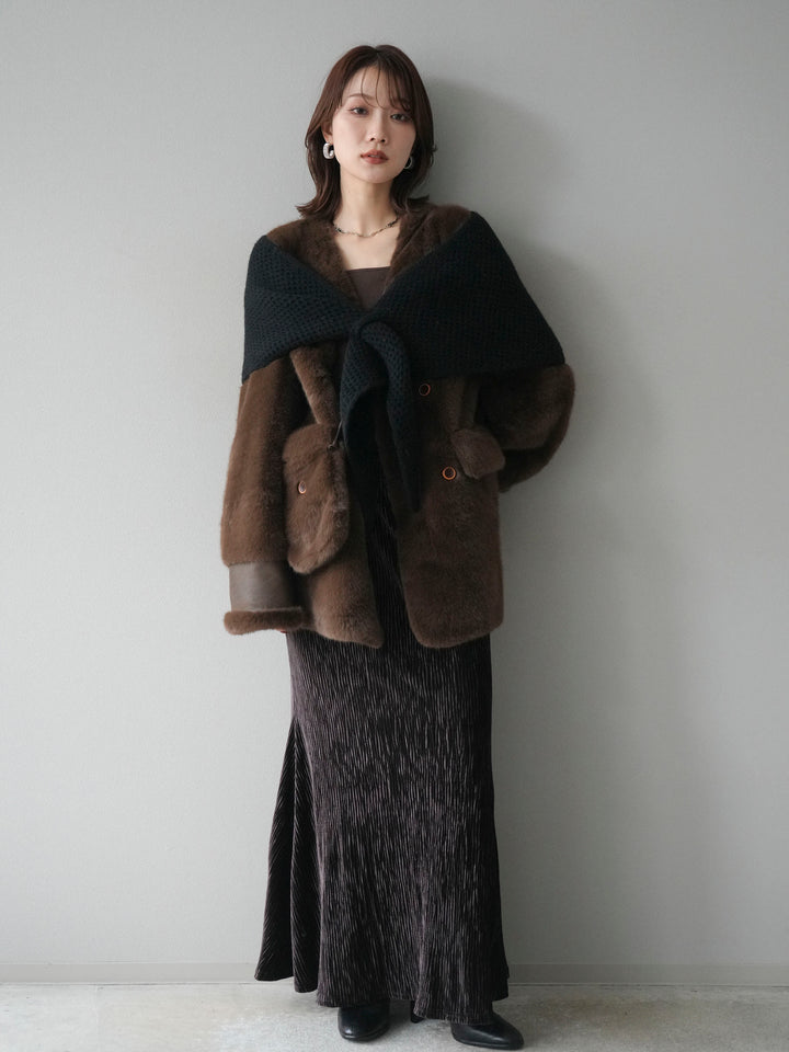 [予約]バッグ付エコファーノーカラーコート/brown