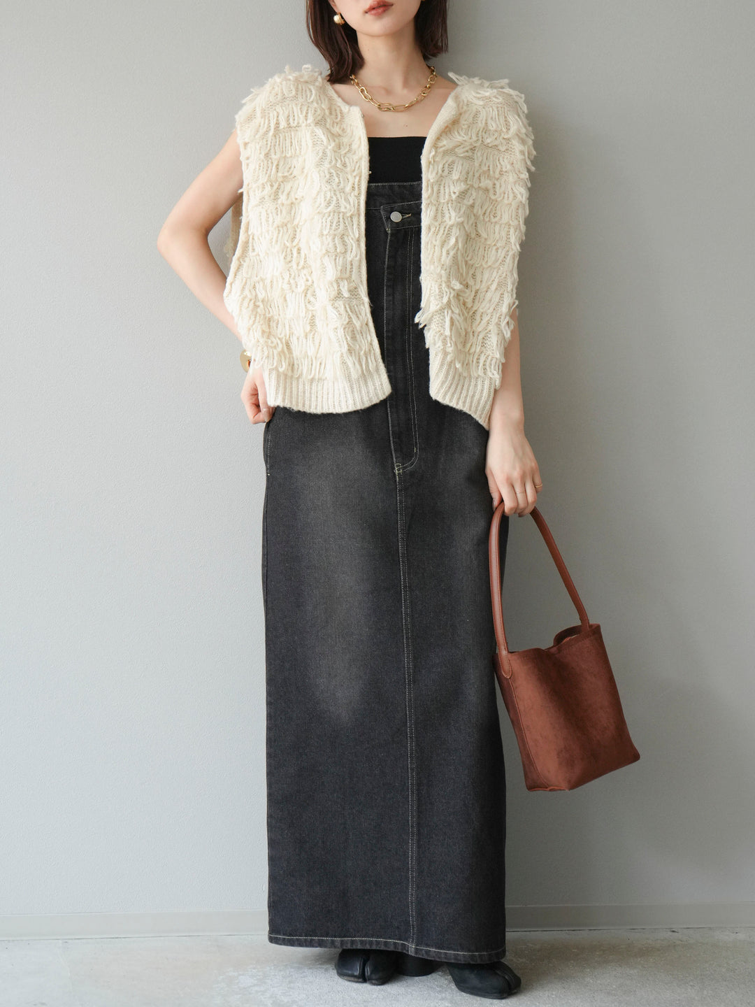 [SET]ループデザインベスト+アシンメトリーデニムワンピース(2set)