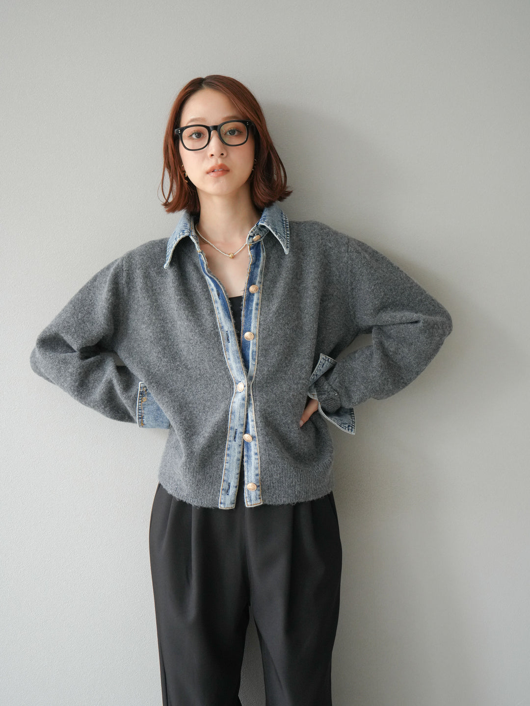 [SET]デニム襟ボタンニットカーディガン+エステルタックワイドパンツ(2set)