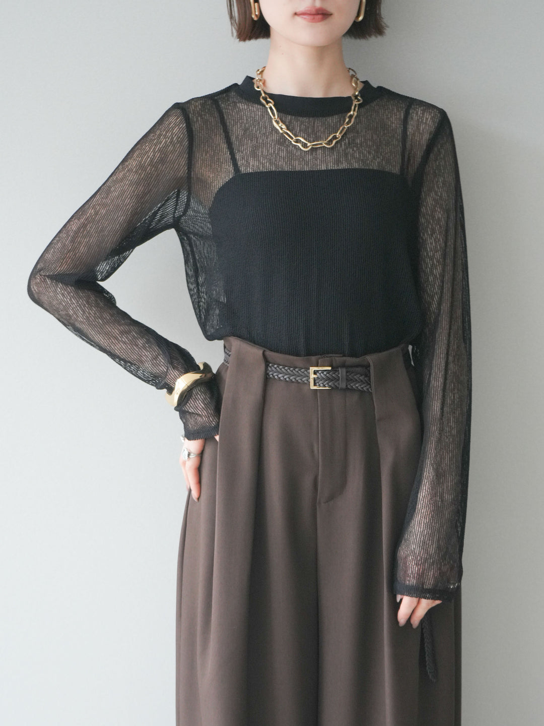 [SET]シアーストライプメッシュトップス+ドレープタックベルトループパンツ(2set)