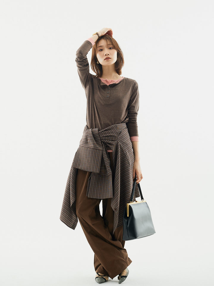 【Allure】[SET]配色レイヤードヘンリーネックトップス+タフタワイドカーブパンツ(2set)