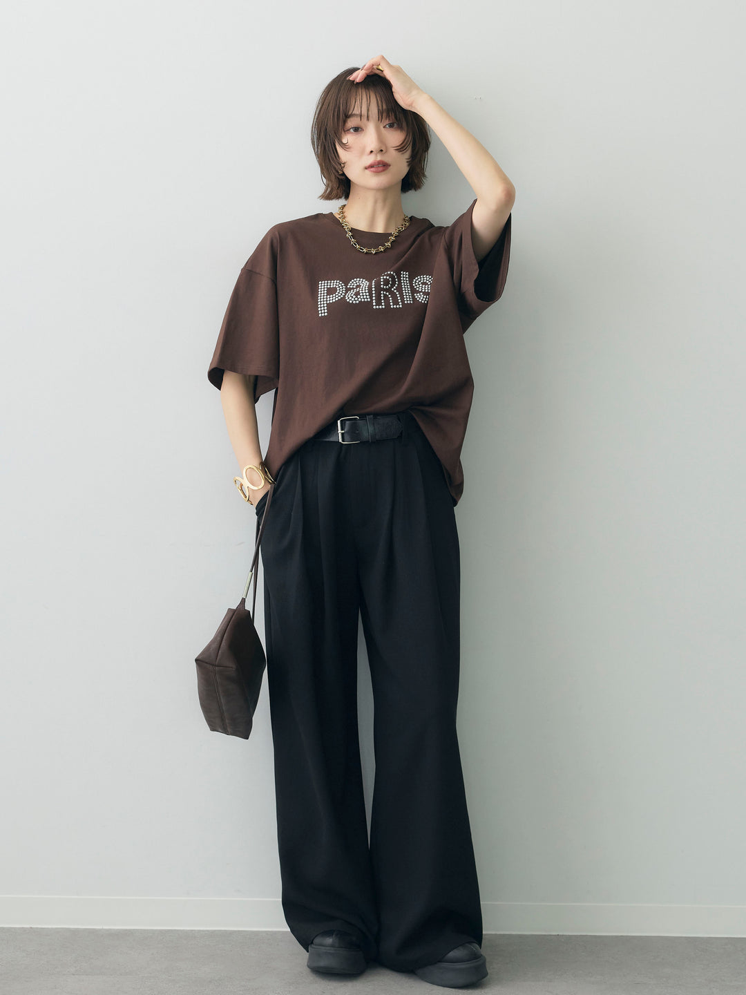 [SET]スタッズロゴTEE+ベルトデザインツータックドレープワイドパンツ(2set)
