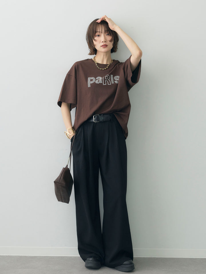 [SET]スタッズロゴTEE+ベルトデザインツータックドレープワイドパンツ(2set)