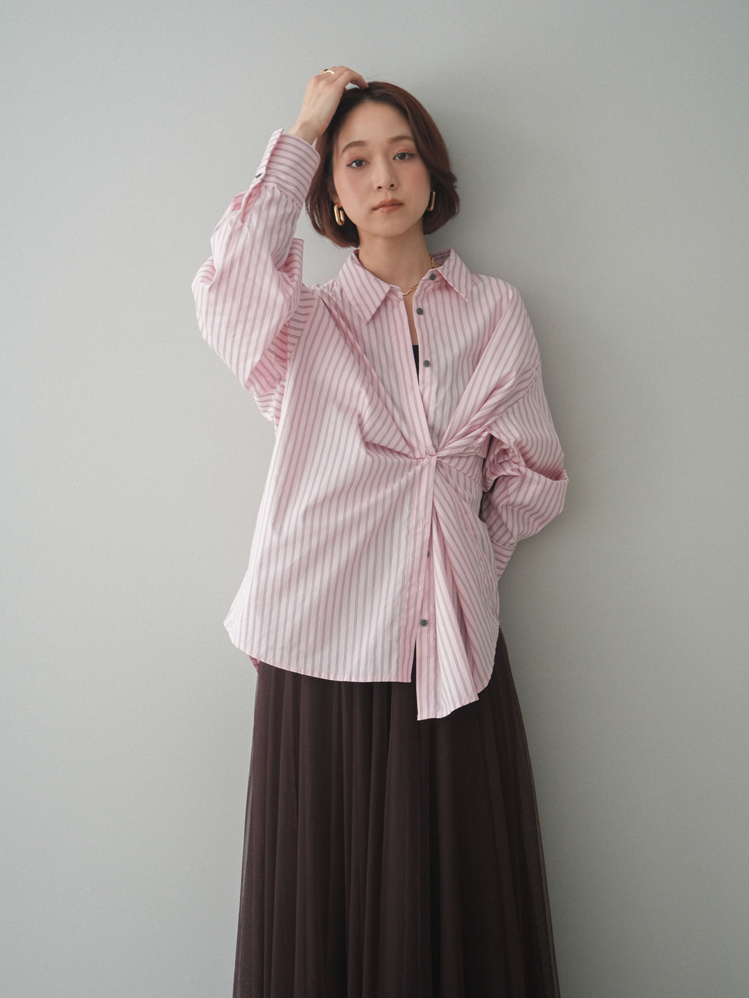 [予約]2wayルーズストライプシャツ/pink