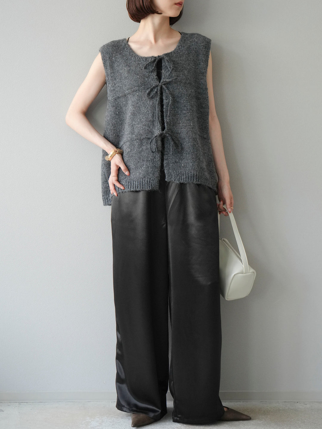 [予約]サテンラインワイドパンツ/ブラック