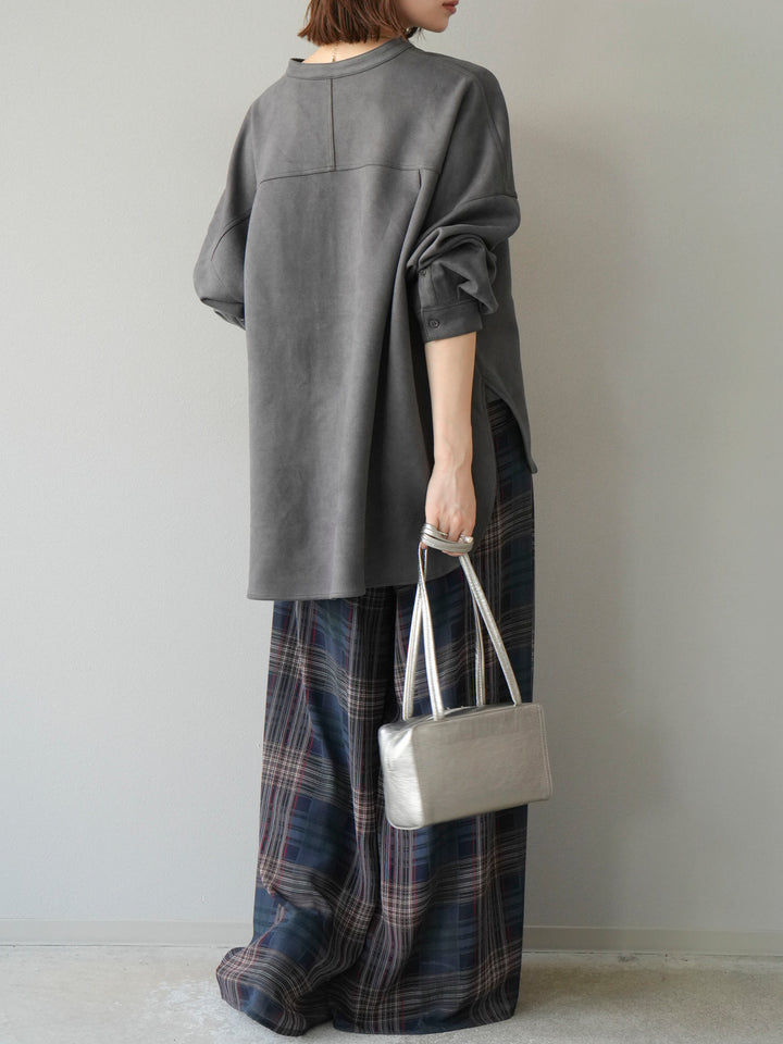 [SET]スエードバンドカラーオーバーシャツ+シアーチェックバギーパンツ(2set)