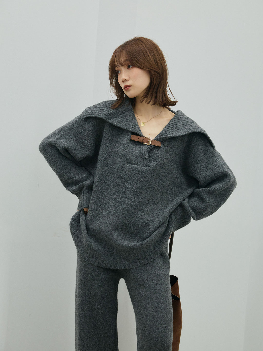 [SET]ベルトデザインポロニット&ニットパンツSET UP