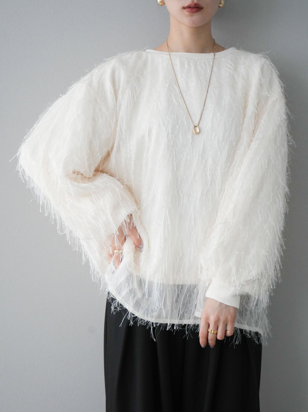 【預購】流蘇薄紗多層抓絨套頭衫/象牙色