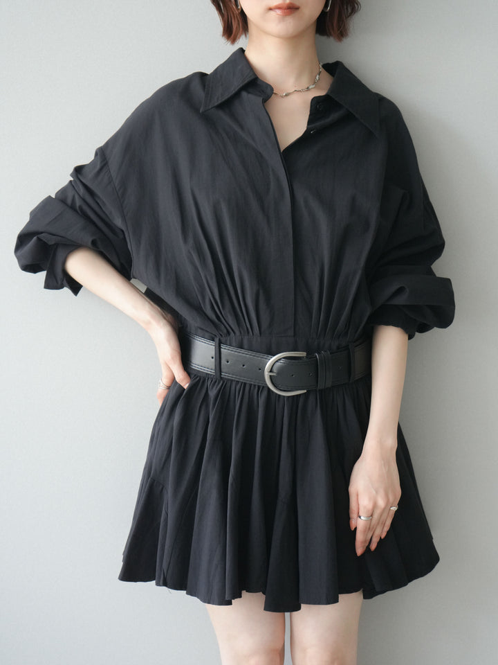 [予約]ベルト付フレアシャツミニワンピース/black