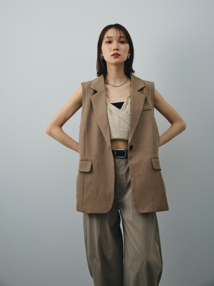 [SET]ステッチデザインベスト+リネンライクカシュクールデザインビスチェ+コクーンワイドチノパンツ(3set)
