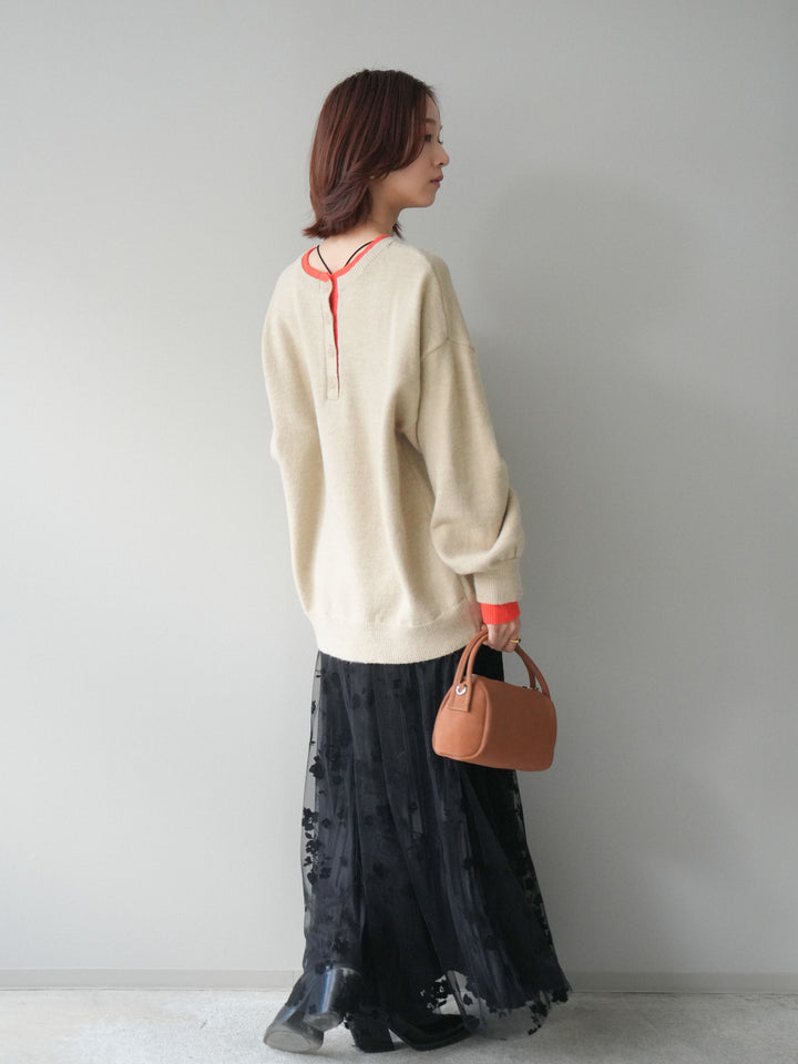 [SET]ヘンリーネック配色レイヤードニットプルオーバー+フラワーフロッキーチュールプリーツスカート(2set)