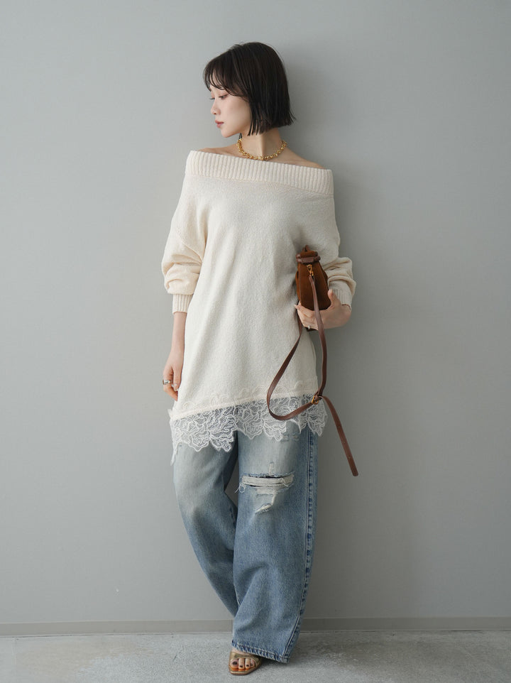 [SET]アシンメトリーレースヘムニットプルオーバー+ダメージデニムセミワイドパンツ(2set)