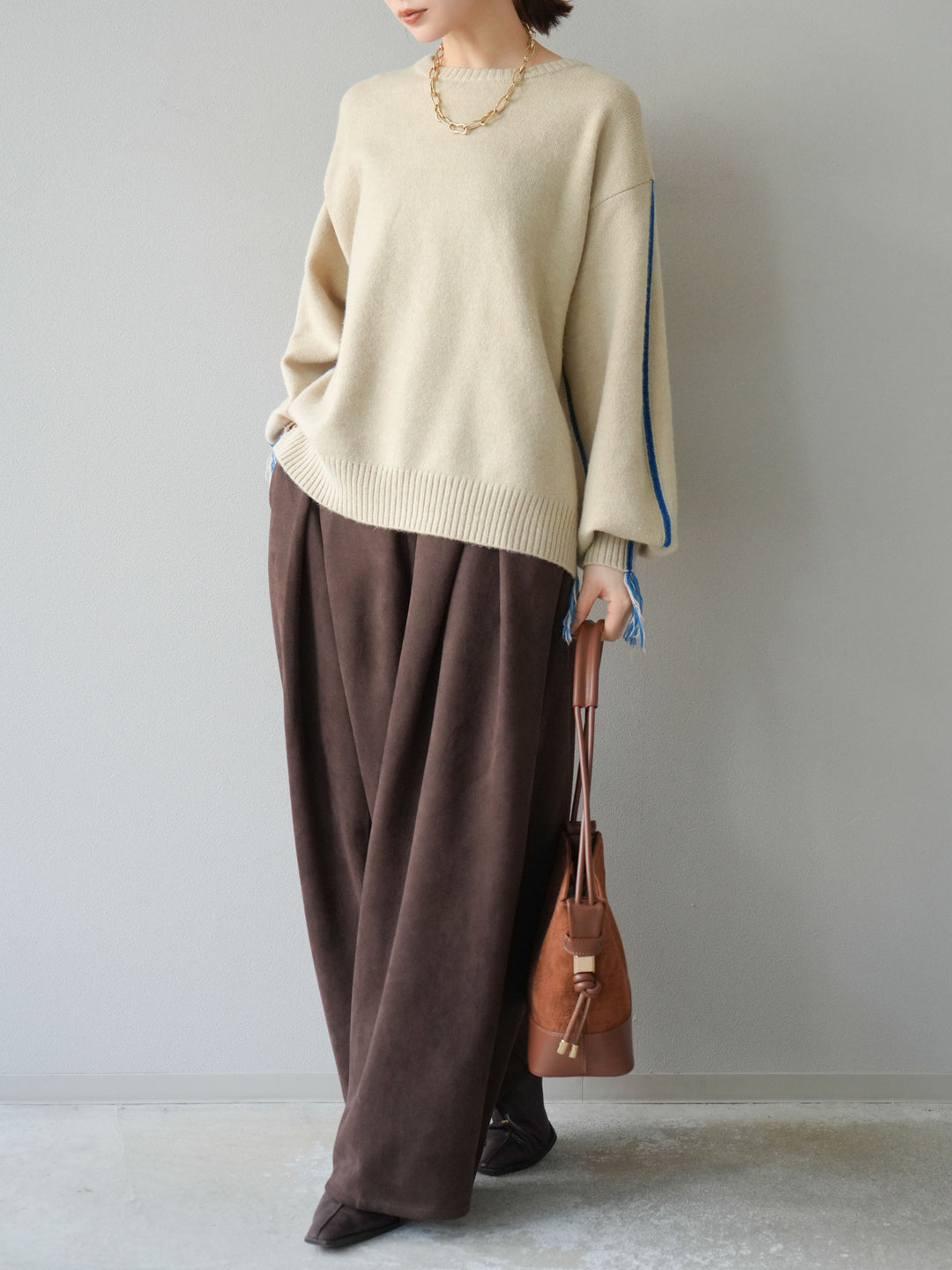 [SET]配色ステッチフリンジニットプルオーバー +スウェードタックワイドパンツ(2set)