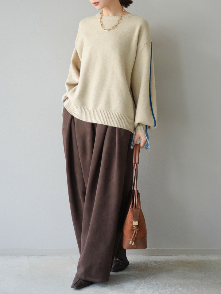 [SET]配色ステッチフリンジニットプルオーバー +スウェードタックワイドパンツ(2set)