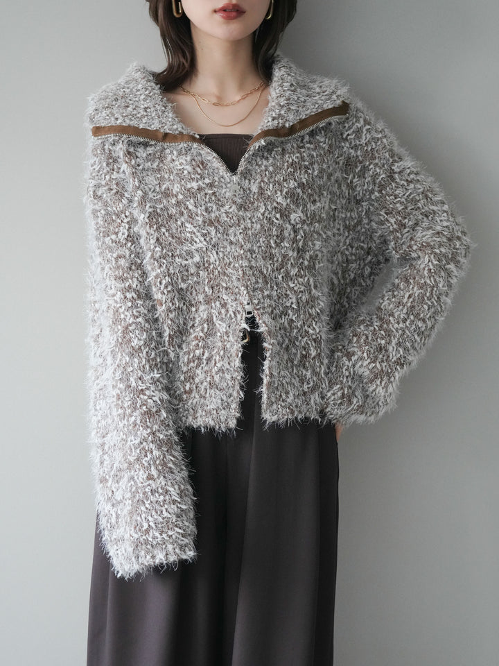 [予約]ミックスシャギージップニットカーディガン/brown