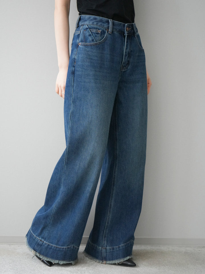 [予約]裏起毛裾フリンジワイドデニムパンツ/darkblue