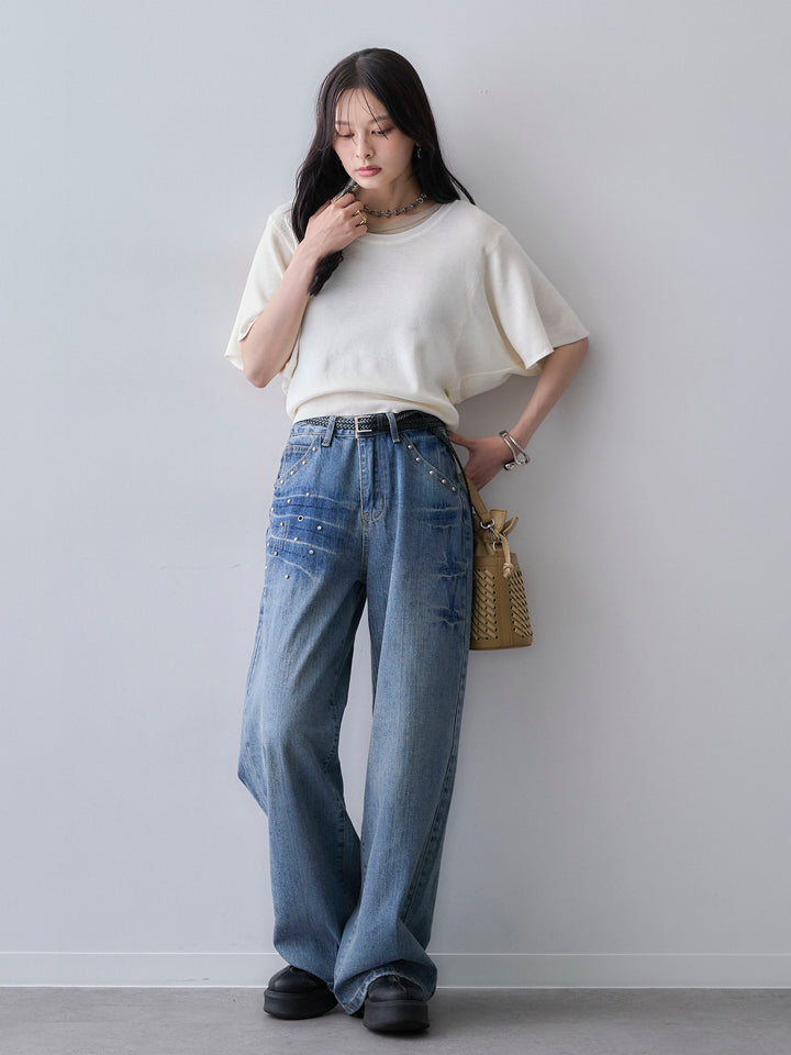 [SET]レイヤードデザインドルマンニットトップス+スタッズラインウォッシュワイドデニム(2set)