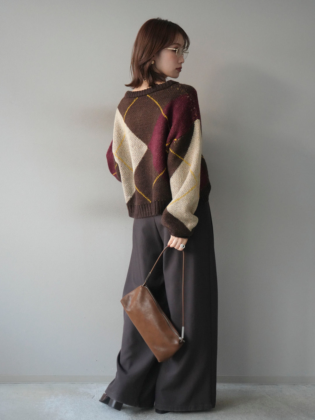 [SET]配色ステッチアーガイル柄ニットプルオーバー+ベルトループデザインワイドパンツ(2set)