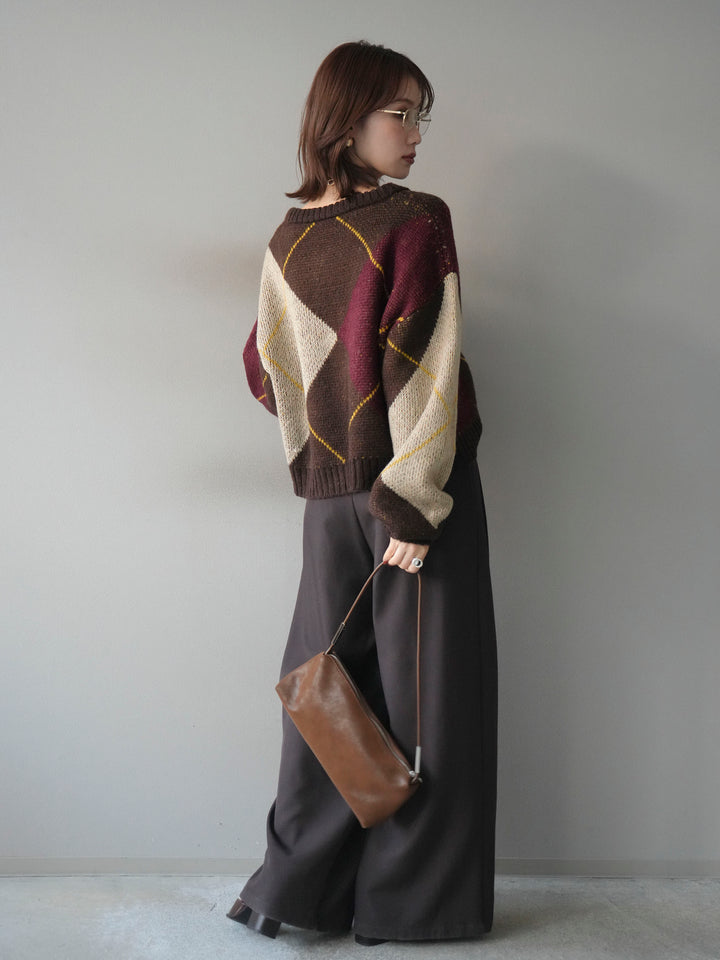 [SET]配色ステッチアーガイル柄ニットプルオーバー+ベルトループデザインワイドパンツ(2set)