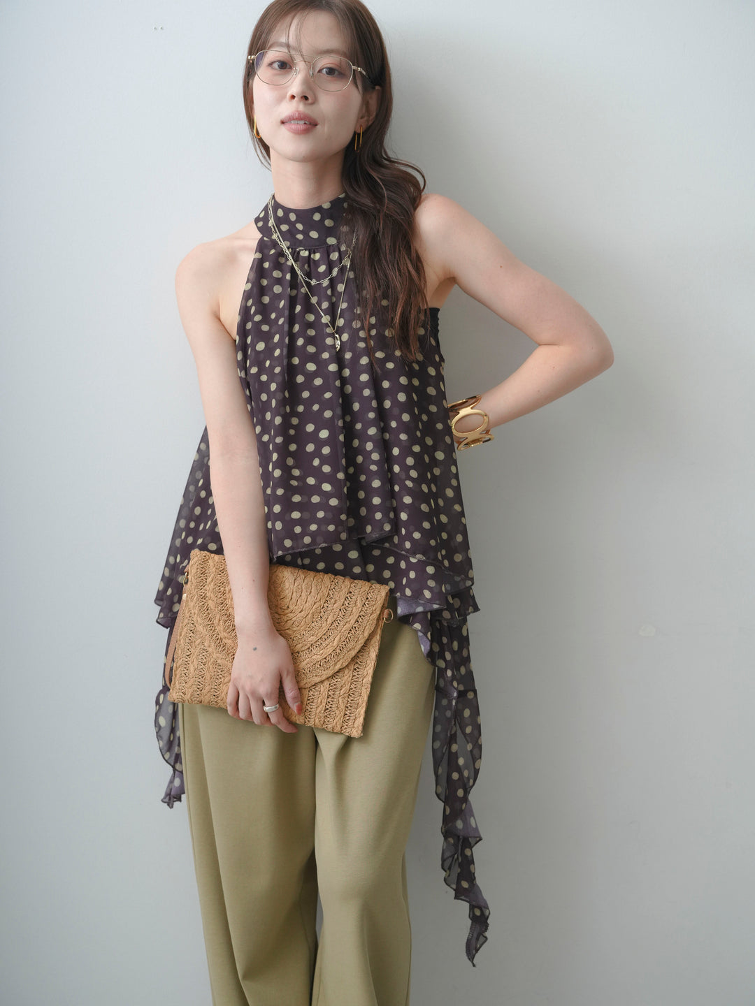 [予約]ドットシフォンノースリブラウス/brown