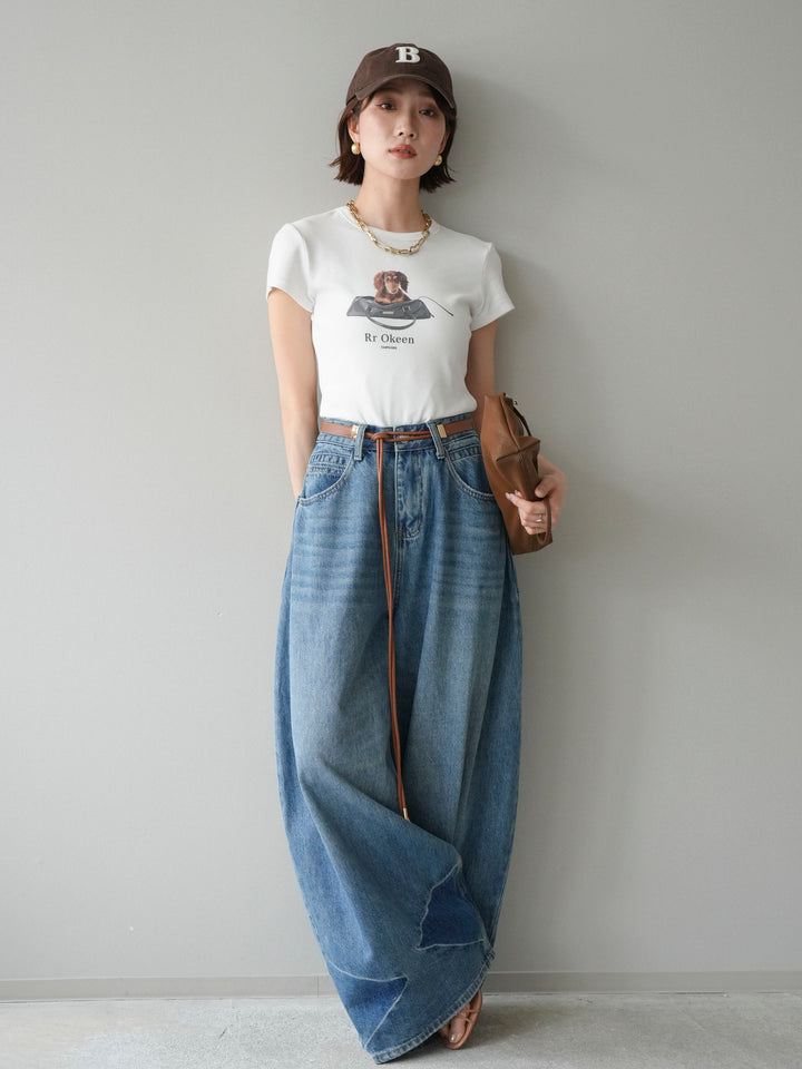 [SET]ドッグコンパクトTEE+ベルト付ボリュームデザインデニム(2set)