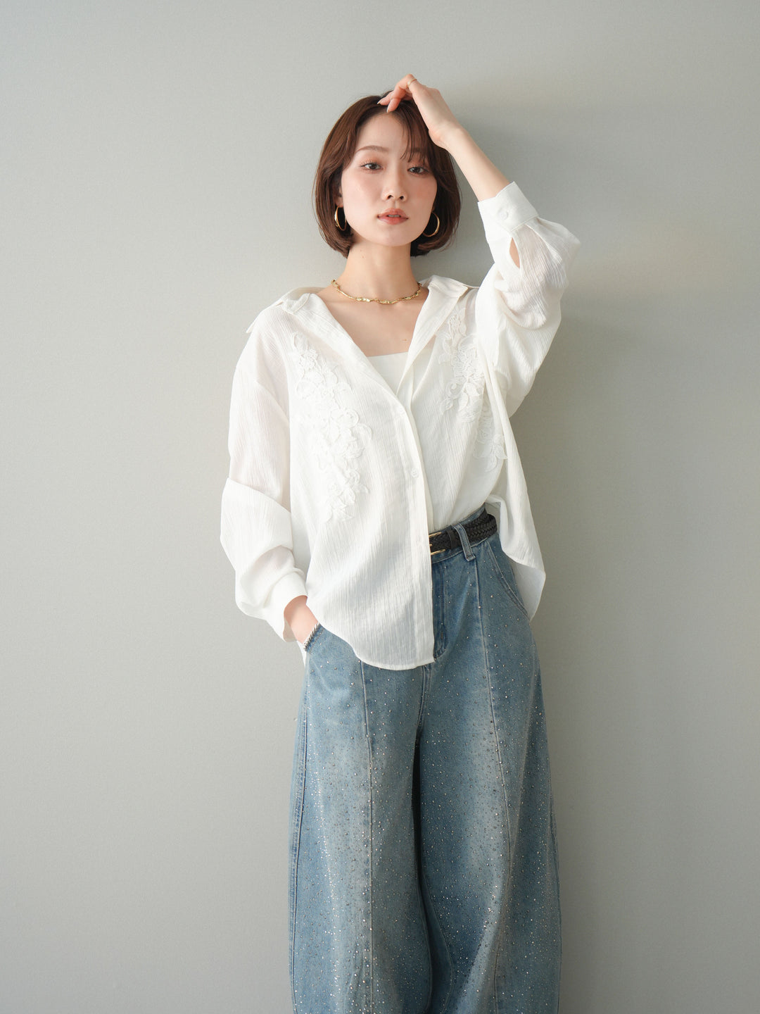 [SET]楊柳刺繍ブラウス+フロントビジューカーブデニムパンツ(2set)