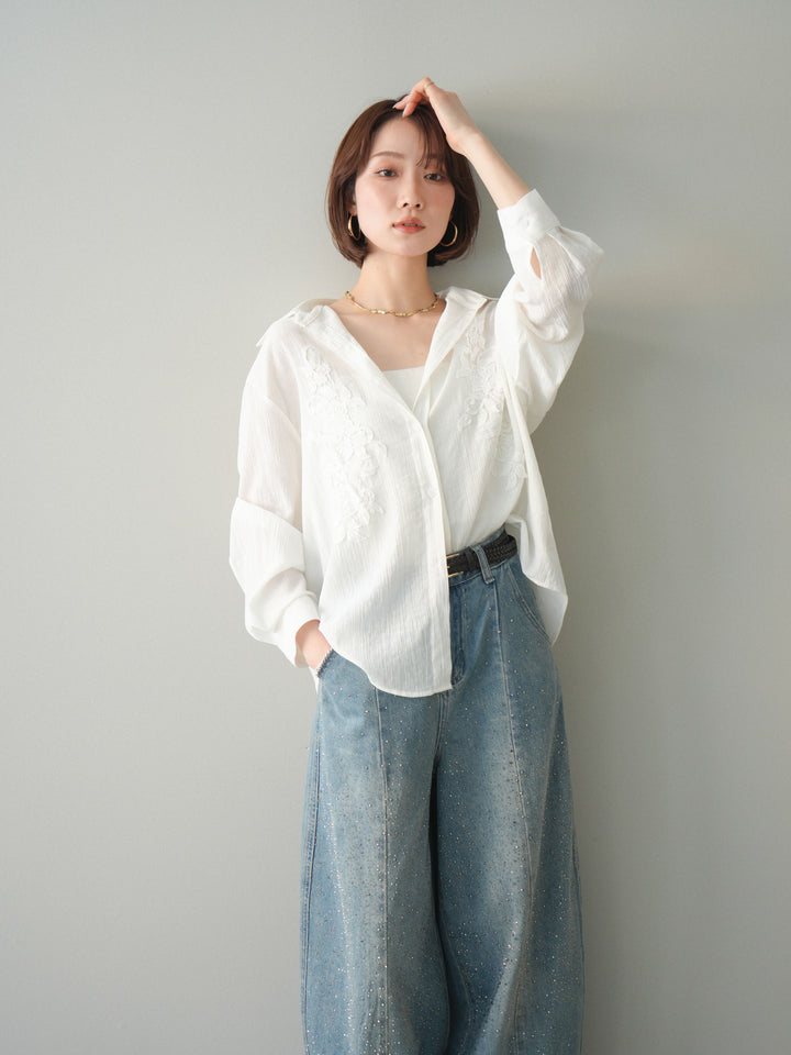 [SET]楊柳刺繍ブラウス+フロントビジューカーブデニムパンツ(2set)