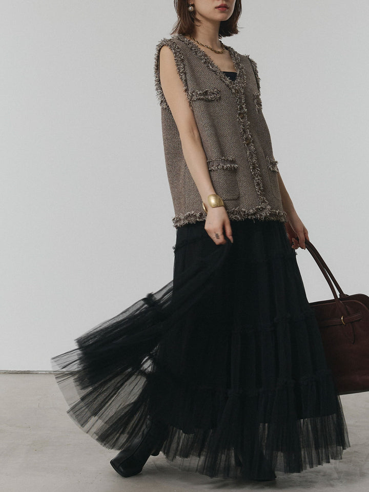 [予約]チュールティアードフレアスカート/ブラック