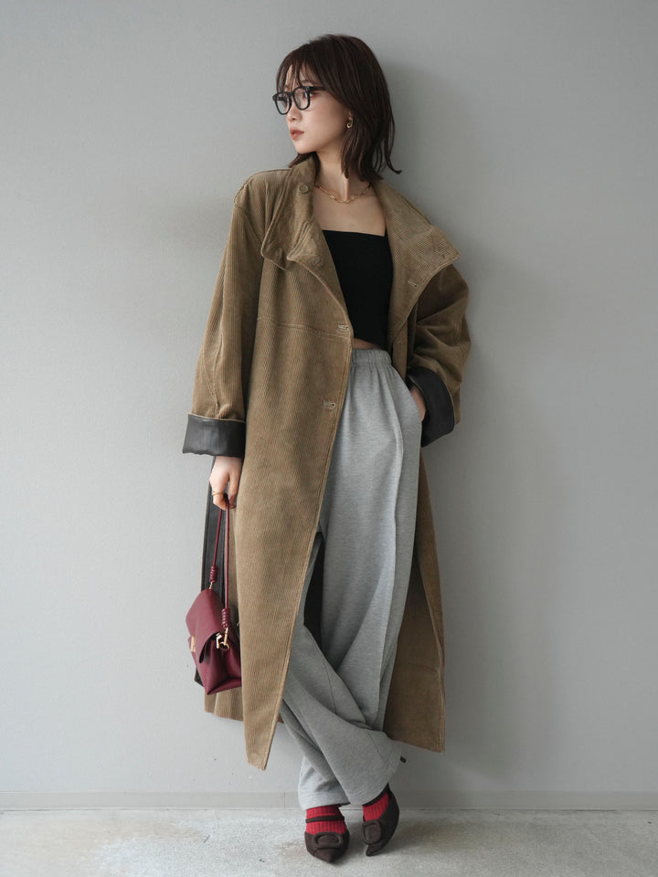 [予約]コーデュロイ折り返しレザーロングコート/beige