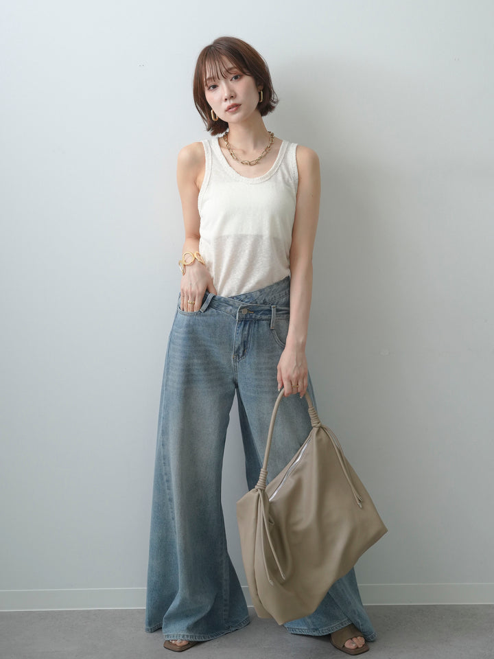 [SET]バックレースタンクトップ+アシンメトリーウエストワイドデニム(2set)