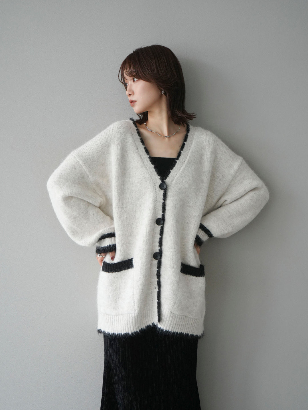 [予約]バイカラーラメニットカーディガン/ivory